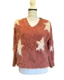 Lush Mulberry Colored Fuzzy Sweater With Stars Size Medium