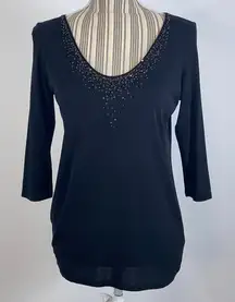 Eileen Fisher Black Embellished Neckline Pullover Silk Top Size Pet Small PS
