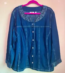 Quacker Factory Dark Blue Denim Rhinestone Embellished Button Front Jacket 3X