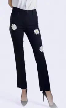 Legend Straight Leg Classic High Rise Denim Pants with Daisy Floral Design