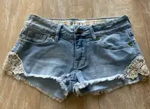 Roxy crochet side distressed destroyed daisy duke denim shorts 0