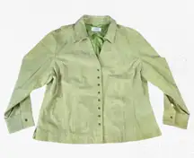 Y2K CJ Banks Spring Light Green Suede Snap Button V Neck Leather Jacket Size 2X