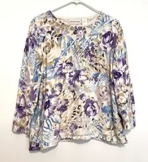 ALFRED DUNNER White Tan Blue Lilac Purple Floral Embellished 3/4 Sleeve Sweater