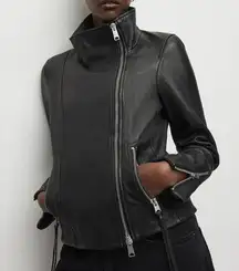 All Saints Leather Jacket Ellis Funnel Neck Black Lambskin Moto Jacket Size 2