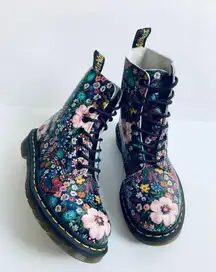 Pascal 1460 Wanderlust Floral Lace Up Combat Boot in Black