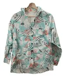 Vintage 90s 80s Shark Week Retro Button Down Collared Blouse Size Medium