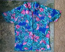 Vintage purple pink Hawaiian button down short sleeve blouse, size large