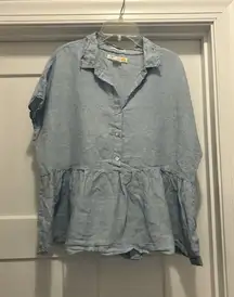 Cynthia Rowley Blue Linen Top Sz Large Short Sleeve Ruffle Peplum Henley Collar
