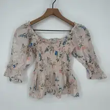 Saylor Clover Blouse Top Womens XS Multicolor Floral Cotton Smocked Scoop Neck