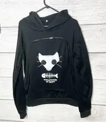 Black Cat Graphic Hoodie Sweatshirt with Cat Carrier Kangaroo Pouch Size XL