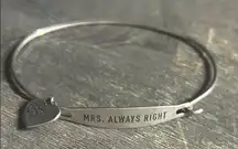 Chamilla 925 Silver Bangle Bracelet with Heart Charm “Mrs Always Right”