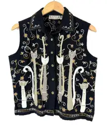 Vintage lifestyle Black and cream cat and floral embroidered button up vest