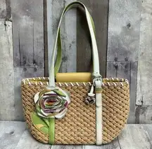 Brighton Purse Tote Handbag Woven Straw Leather Flower Beachy Coastal Coquette