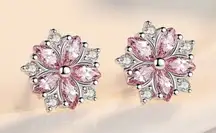 925 Sterling Silver Post Pink Crystal Flower Stud Earrings