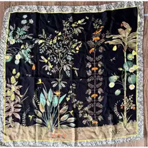 Marina D'Este Black Floral Bird Botanical Silk‎ Scarf Square Shawl made in Italy