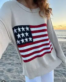 Miracle Boutique Tan American Flag Boat Neck Slouchy Sweater