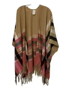 Woolrich Striped Plaid Open Front Wrap Shawl Womens One Size Fringe