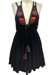 Free People  Lovers Cove Embroidered Tassel Mini Dress in Black Size XS