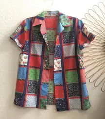 True Vintage 90s Patchwork Colorful Open Front Short Sleeve Shirt Blouse Top Jacket Boho Retro #Cottagecore #Coastal #Grandma #Bohemian Measurement in pics