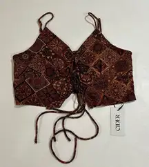Cider Boho Patchwork Lace-Up Crop Top Brown Rust Size L NWT
