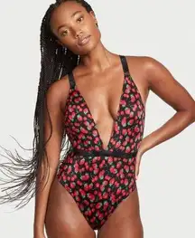 Victoria's Secret Black Red Cherries Strawberries Monokini Low V-Neck Swimsuit