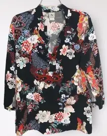 Natori Black Multicolor Oriental & Floral V-Neck 3/4 Sleeves Lightweight Tunic M