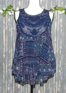 Altar'd State Crochet Blue Patchwork Sleeveless Blouse Top Size XS Flowy