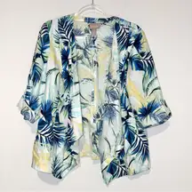 Chicos Jacket Womens Floral Palm Leaf Tropical Garden Drape Linen blue green 2‎