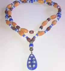 Vintage Millefiori Glass Pendant & Wooden Beads Beaded Boho Necklace