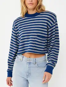 Vintage JCP fragile Crewneck Striped Pocket Crop Long Sleeve Tee SIze L