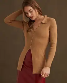 Maeve Ribbed Slim Button Down Collared Cardigan Tan XS