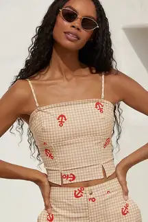 Anthropologie Pink Red Tan Beige Check Checkered Plaid Gingham Anchor Pattern Bandeau Tube Crop Top Blouse