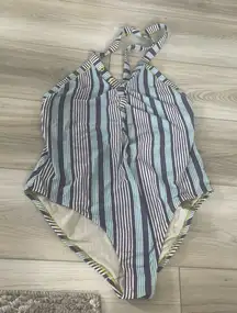 Out‎ From Under Striped Halter Snap Front T Back One-piece Swimsuit Size Large