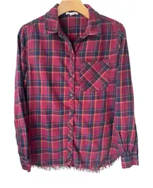 Beach Lunch Lounge Plaid Flannel Shirt Womens XS Red Button Up Boyfriend Pocket