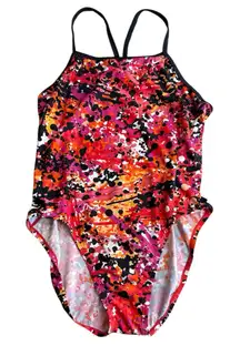Nike Women’s Size 14 One Piece Swimsuit Red Orange Abstract Open Back Sporty‎