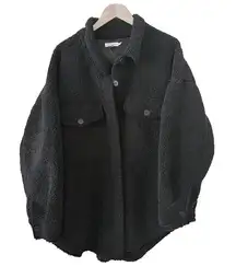 Good American Black Sherpa Teddy Fleece Shacket Oversized Jacket Coat‎