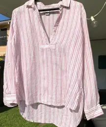 Linen Striped Half Button Shirt S