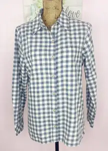 Chic Comfort Gingham Plaid Button Down Shirt Blue Ivory Small Long Sleeve