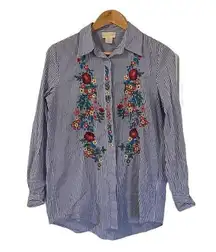 Lucy & Laurel Blue Stripe & Floral Embroidery  Button Up Floral Shirt Size Small