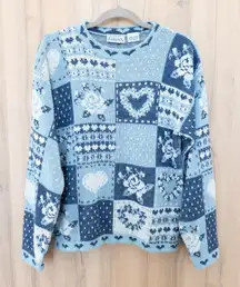 VTG Basic Editions Womens Patchwork Sweater Size L Blue Cottage Retro Cozy