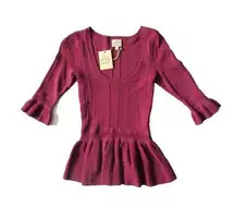 NWT Torn by Ronny Kobo KIMBERLY in Mauve Pointelle Textured Knit Peplum Top L