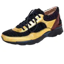 CHANEL Holographic Gold Black Tweed CC Logo Low Top Sneakers Size 38