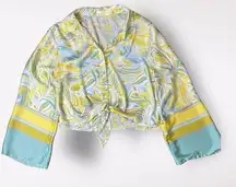 Timing Blue Green Satin Retro Boho Hippie Tie Front Top Size L