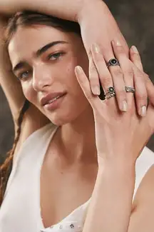 Free People Celestial Western Bohemian Ring Set Silver Onyx Snake Moon Star NWT