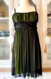 CITY TRIANGLES Black And Green Chiffon And Sequin Baby Doll Dress. Juniors Sz S‌