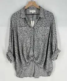 Pink Rose Gray Leopard Print Button-Up Top Roll-Tab Sleeve Gauzy Lightweight M