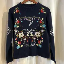 Woven Heart Sweater Floral Embroidered Women Size Small black Cotton‎ Blend