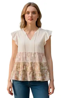 Cato Floral Ruffle Flutter Cap Sleeve V Neck Boho Tiered Top Blouse XL