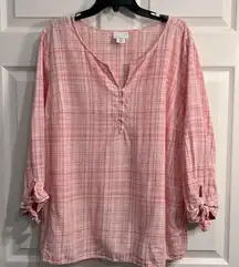 Liz Claiborne Women's Linen Blend Red and white Plaid Pullover Shirt- XXL