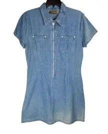 Vtg Y2K Womens Denim Dress Sz Medium Zip Front Western Chic